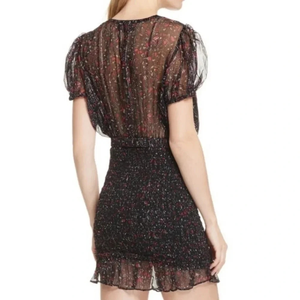 Free People Baby Love Smocked Floral Print Dress Black Red Silver Metallic Large - Picture 12 of 16